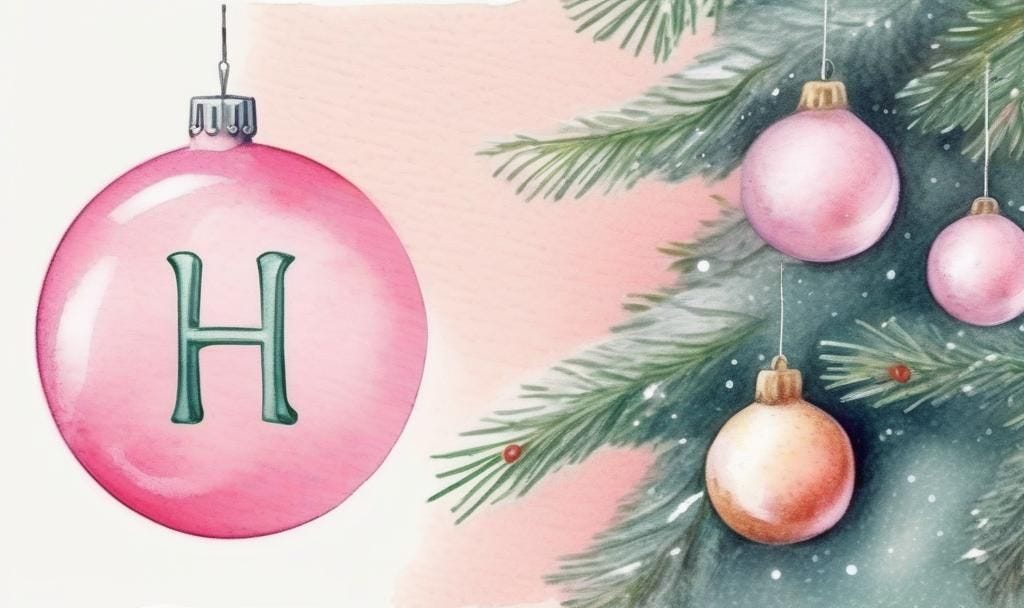 image of beautiful, pink, christmas bubble on the christmas tree, with the letter H on the bubble. 