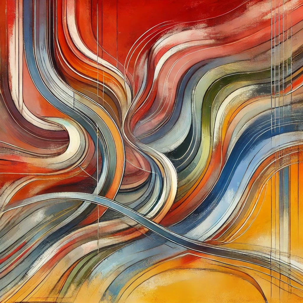 An extremely abstract, minimalist painting that evokes the concept of exercise and longevity. The composition features flowing, irregular shapes and lines in bold colors like red, orange, and yellow, loosely arranged to suggest movement and vitality. Hints of blue and green curves subtly weave in and out, representing time and the passage of life. The image is stripped of detail and form, relying on color, texture, and contrast to convey energy and the abstract idea of extended life through motion. The overall feel is artistic, energetic, and highly conceptual.