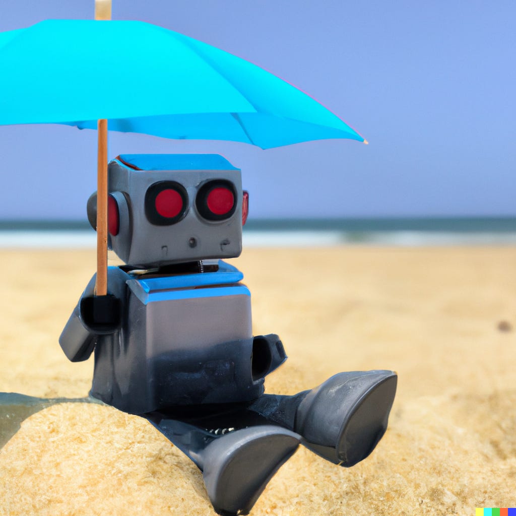 A realistic photo of a cute robot laid down under an umbrella in a beach