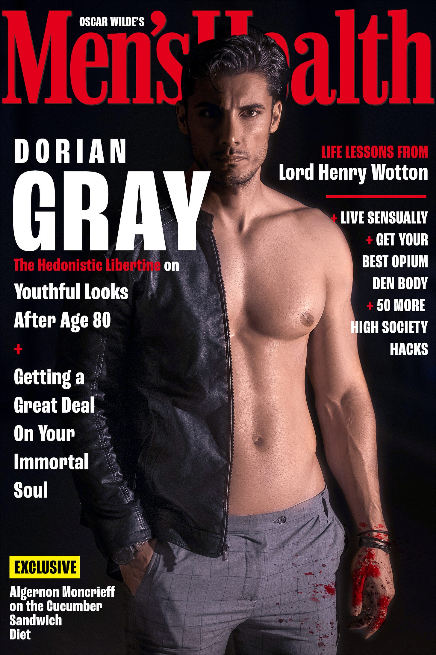 Men's health magazine featuring a shirtless young man with blood on his hands. The main story is about Dorian Gray, the rest of the text are clever references.