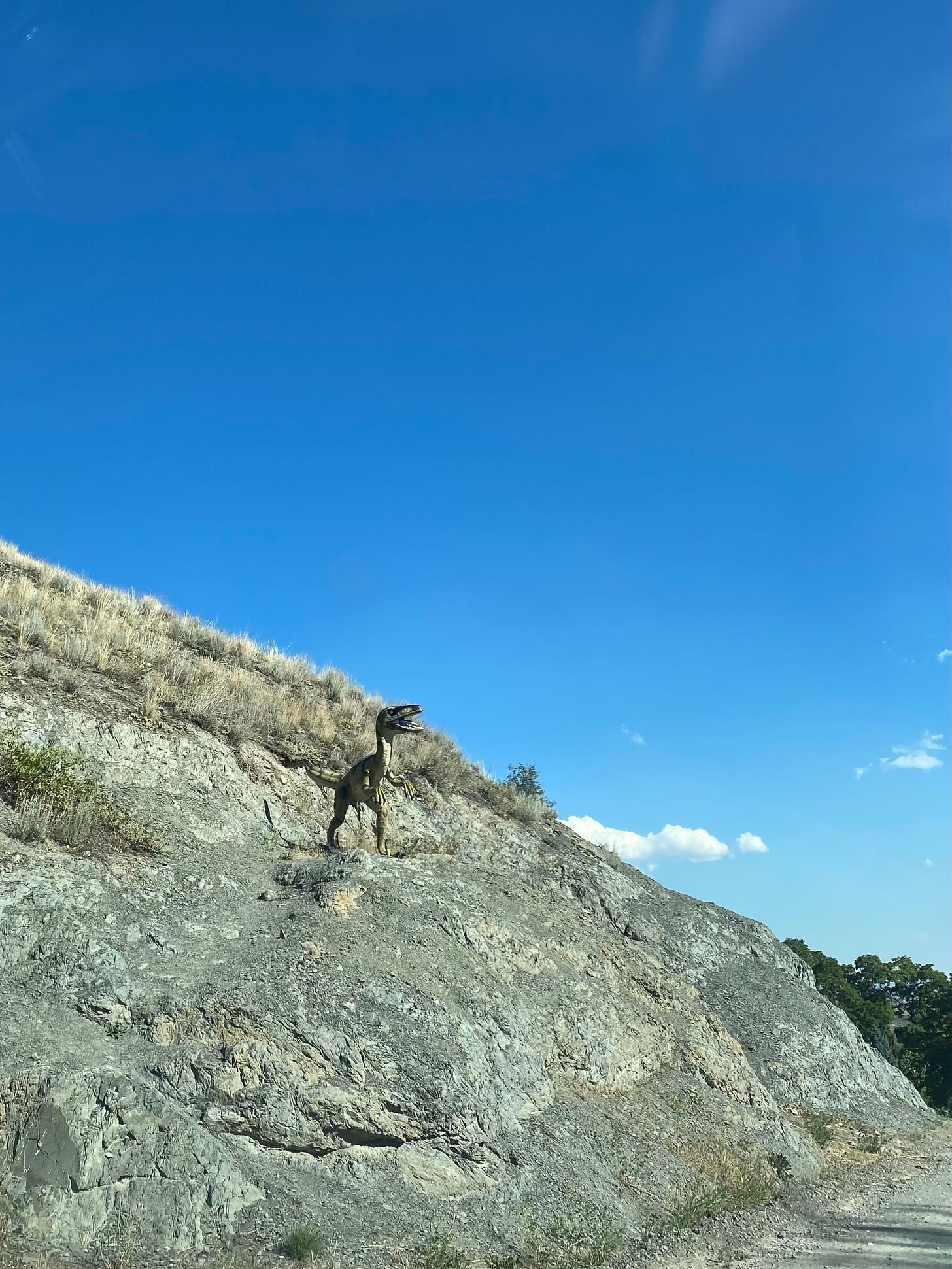 A rocky hillside with a large, semi-realistic dinosaur statue on it. The sky is bright blue above it.