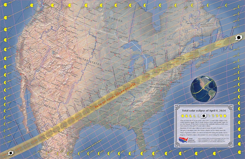 detailed map of the 2024 path of totality in the United States