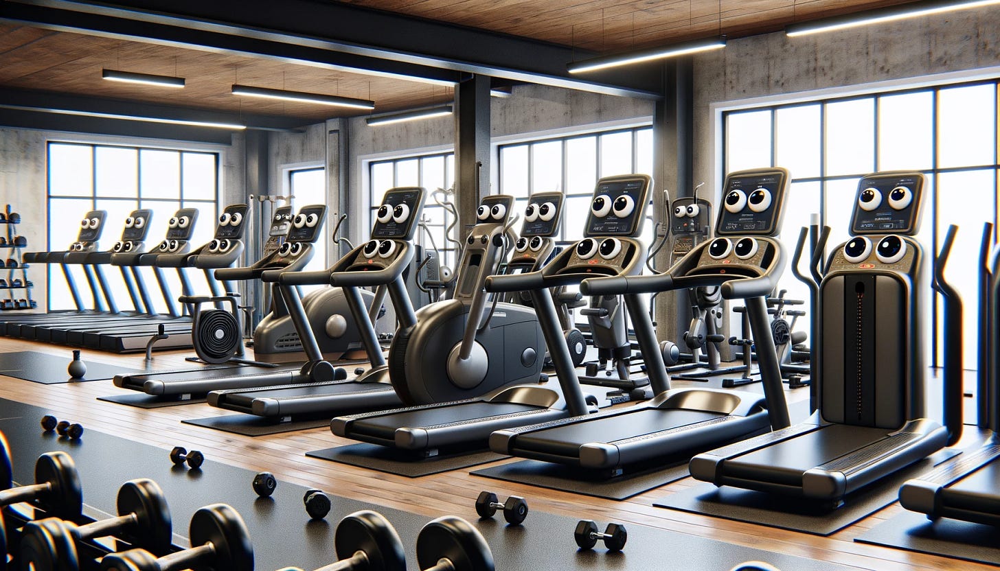 A highly photorealistic and detailed gym scene without people, where various gym equipment and machines have small, cartoon-like eyes. The scene includes treadmills, exercise bikes, weight machines, and dumbbells, each with expressive eyes on their panels or bodies. The gym is modern and well-equipped, emphasizing the equipment with whimsical eyes. This image showcases a range of gym equipment in a fitness setting, each animated with a touch of whimsy through AI integration, creating a realistic yet engaging and personified environment without any human presence.