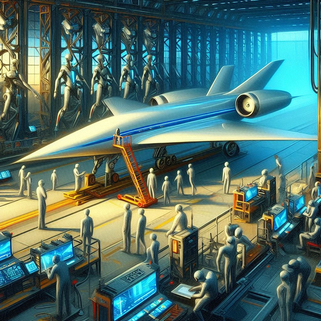 A futuristic art of electric propelled supersonic aircraft for passengers in a photorealistic style as super 8 film, with humanoid robots manufacturing planes, use impressionist painting style