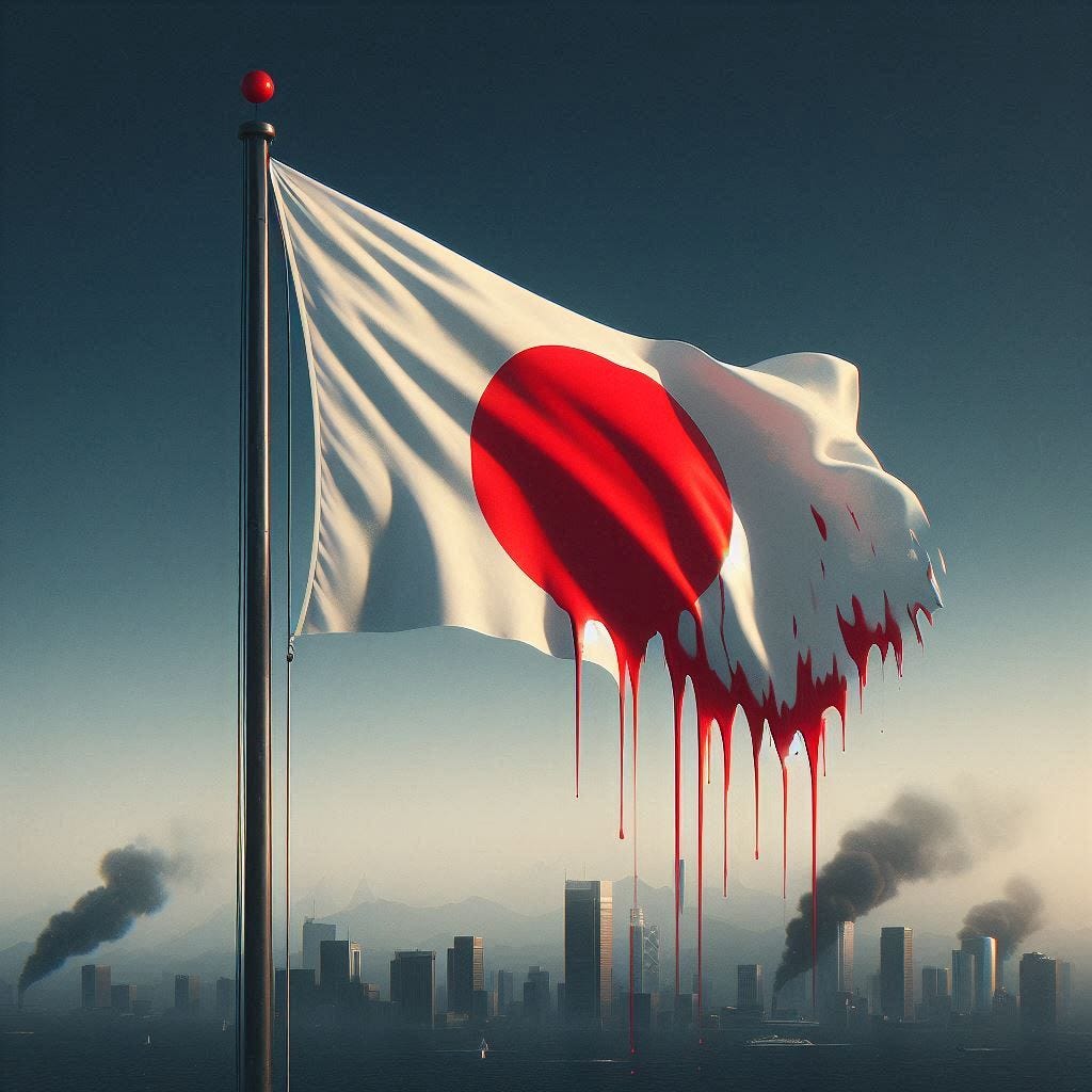 Japan's flag flying at half mast, but the red dot in the middle of the flag is melting