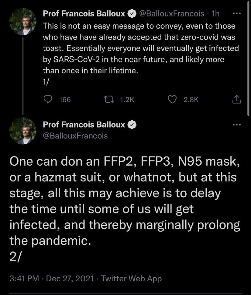 two tweets from Francois balloug declaring that N95 masks prolonged the pandemic, and that you were simply "delaying" infection.