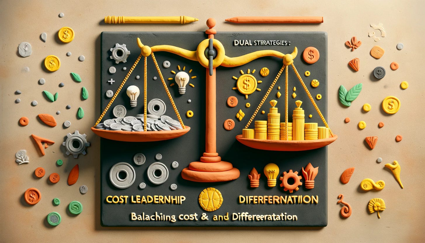 Reimagine the concept of "Unlocking Success with Dual Strategies: Balancing Cost and Differentiation" in claymation style. Visualize a clay scale in the center, with Cost Leadership on one side and Differentiation on the other, achieving perfect balance. For Cost Leadership, illustrate clay coins and miniature efficient machinery, symbolizing cost efficiency and economies of scale. On the Differentiation side, craft vibrant clay colors and unique symbols like clay light bulbs and diamonds to represent innovation and uniqueness. The middle of the scale should depict a harmonized blend of these strategies, showcasing how companies combine them for competitive success in clay form. Employ contrasting clay colors to underscore the synergy between cost-efficiency and product distinctiveness, with dynamic clay composition elements accentuating the strategic balance necessary for unlocking success.