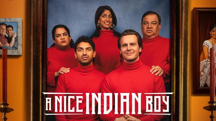 A movie poster for A Nice Indian Boy depicting a family of four Indian people and one white man all wearing matching red turtleneck sweaters