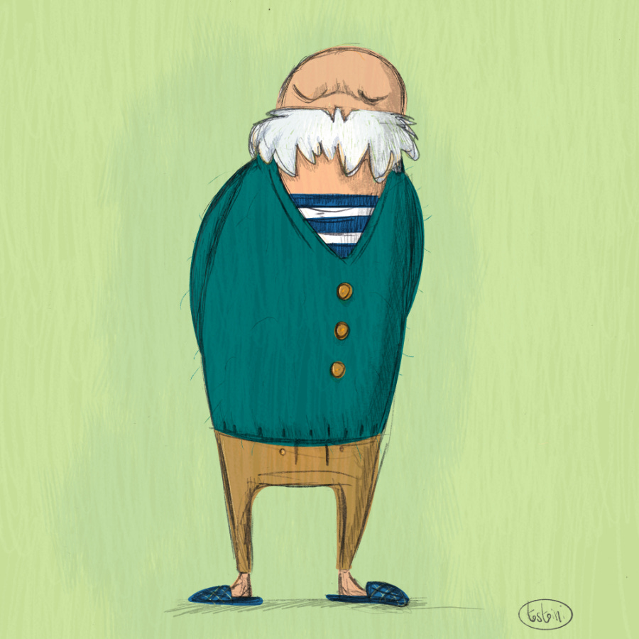 illustration of an old man with a big moustache, a fluffy cardigan and a striped shirt with slippers and a perplexed face