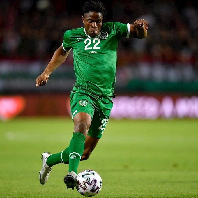 Chiedozie Ogbene playing for Republic of Ireland, coming on as a substitute against Hungary