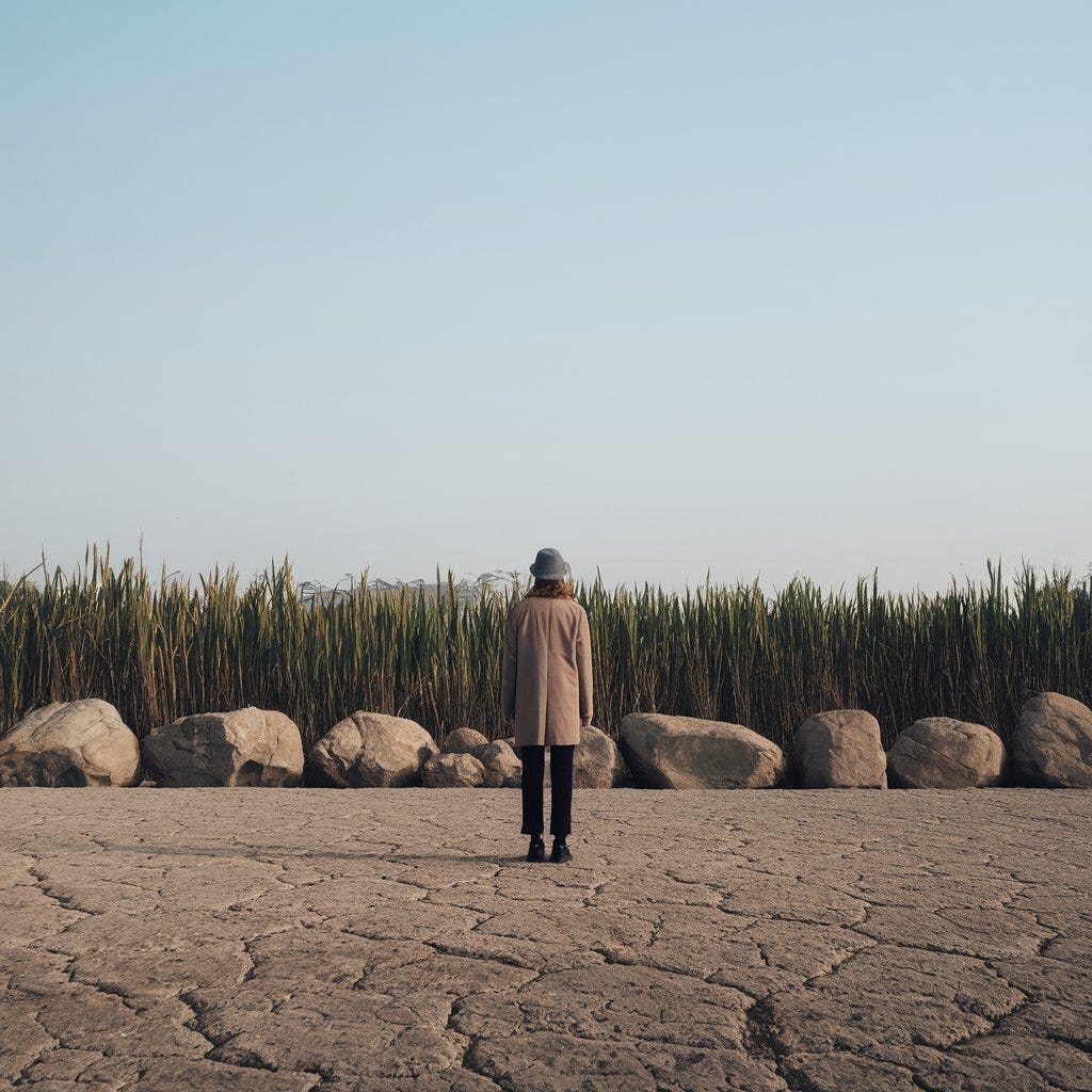 A photo of a person standing on a barren land with their back to the camera. The person is wearing a coat and a hat. There is a line of huge boulders between the barren land and the tall greener grass on the other side. The sky is clear.