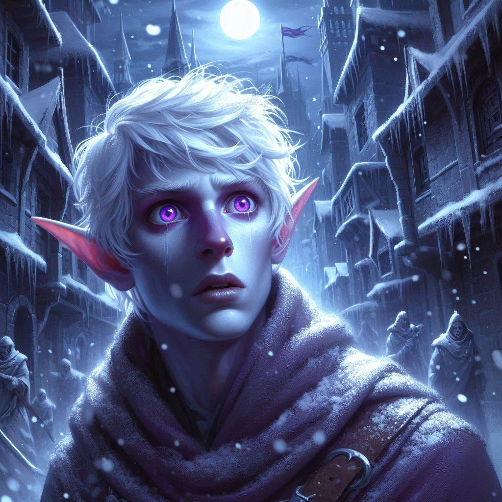 albino purple-eyed male elf scared face, in a snowy medieval city late at night in darkness with only the full moon overhead, dungeons and dragons fantasy drawing