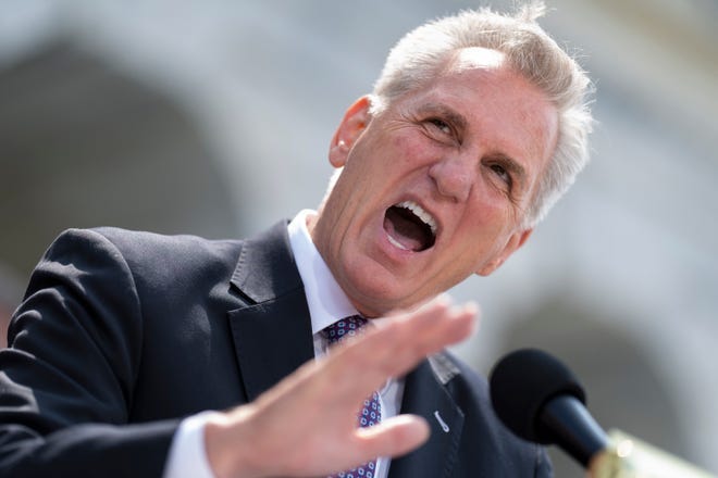 House Kevin McCarthy, R-Calif., criticizes President Joe Biden's policies and efforts on the debt limit negotiations as he holds a news conference at the Capitol in Washington, Wednesday, May 17, 2023.