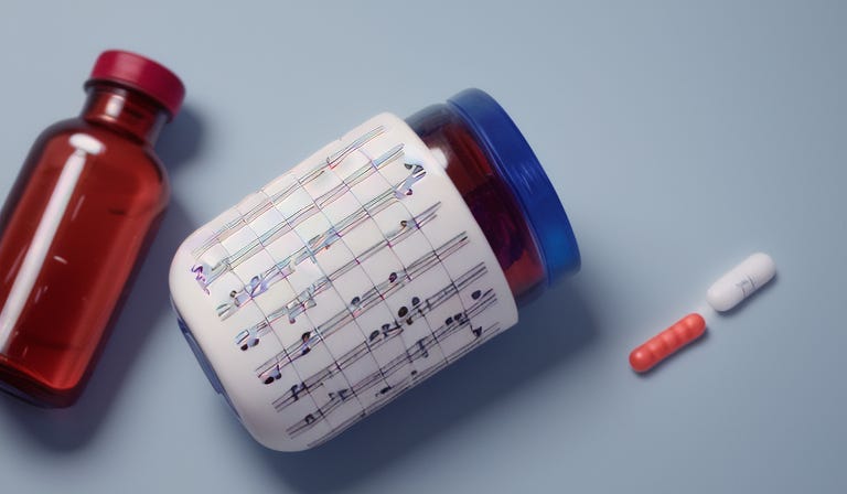 A pill bottle labelled with musical notes.