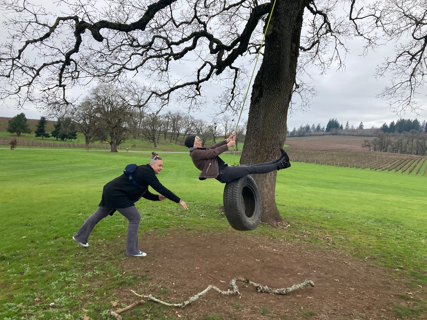 Jessie on a tire swing beneath a tree in winter while her friend pushes her.