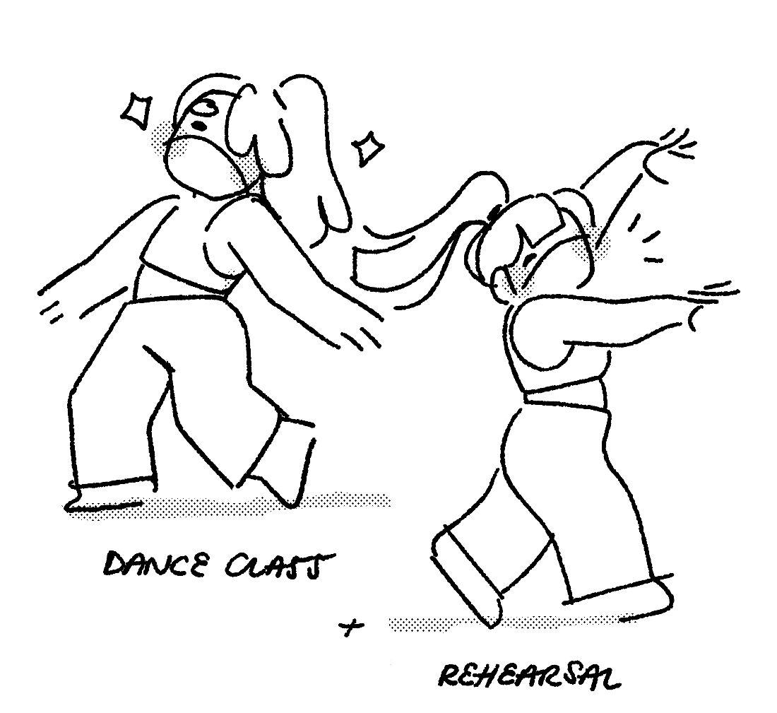3. drawing of me, twice, dancing, wearing no glasses, a mask, a crop top, and baggy pants. the image is lightly accented with halftones on the cheeks and shadows on the floor. the first me is walking left, arms open, surrounded by two sparkles. the second has arms outstretched, one at shoulder level, one above, smiling and walking right. ext below each figure reads “dance class + rehearsal”