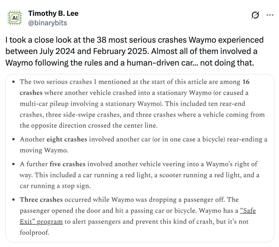 st  See new posts Conversation Timothy B. Lee @binarybits I took a close look at the 38 most serious crashes Waymo experienced between July 2024 and February 2025. Almost all of them involved a Waymo following the rules and a human-driven car... not doing that.