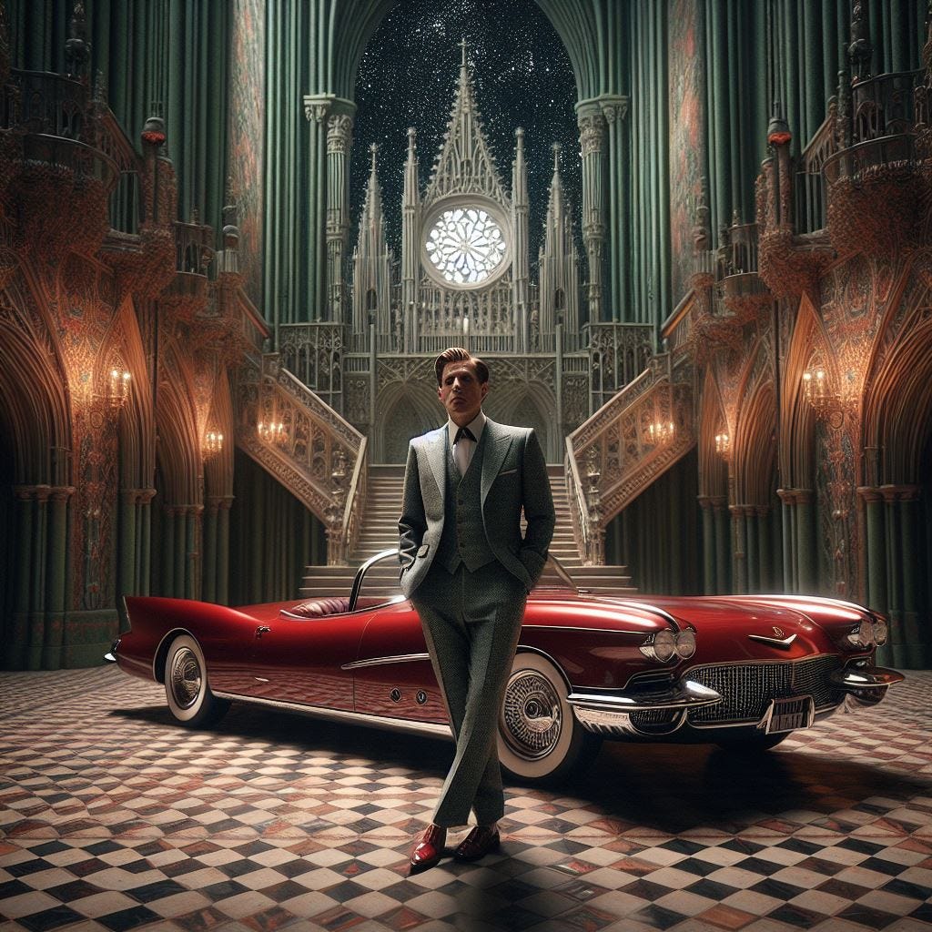 Hyper realistic; tilt shift, middle aged mad in a three piece suit with Italian shoes standing by a red xlr roadster cadillac. Flying buttresses, columns, grand staircase. tapestries, deep green velevet wall scaling. Quatrefoil. Portal to a dark night full of tiny stars pouring in.far away moon. Ethereal. Luminescent.