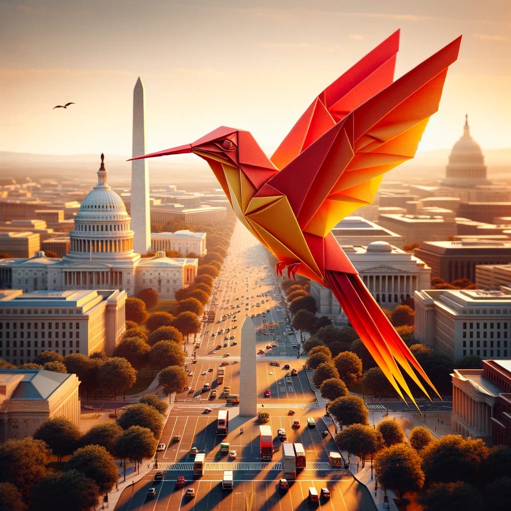Create a photorealistic image of the origami hummingbird with its red to yellow gradient, set against the backdrop of Washington, D.C. The scene should include iconic landmarks such as the Capitol Building, the Washington Monument, and the Lincoln Memorial. The bird is depicted in mid-flight, capturing its delicate details and vibrant colors with lifelike accuracy. The cityscape is rendered with realism, showing the architectural beauty and the busy streets of the capital, with pedestrians and vehicles adding to the dynamic urban environment. The entire composition should have the clarity and detail of a high-resolution photograph, showcasing the bird and the city in stunning realism.