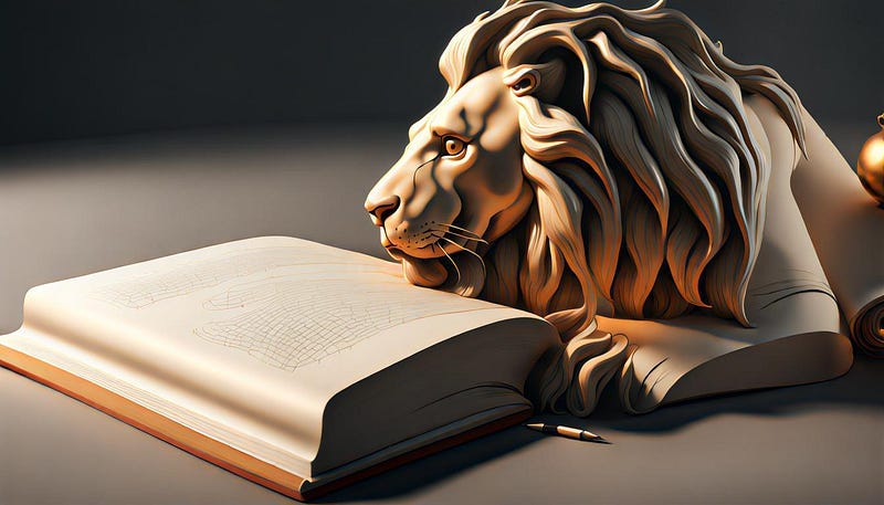 Statue depicting male lion with chin resting on large book