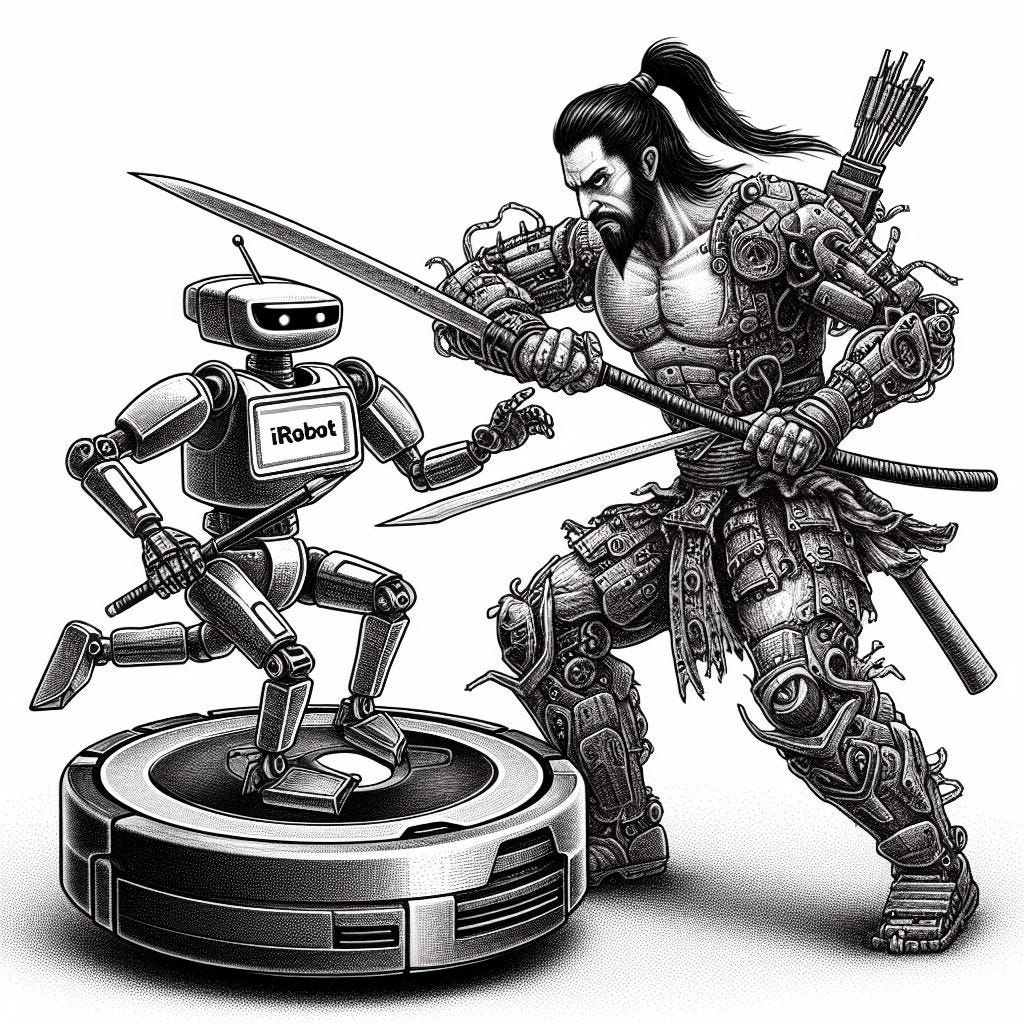 An roomba irobot fighting a Chinese robot in HBR drawing style