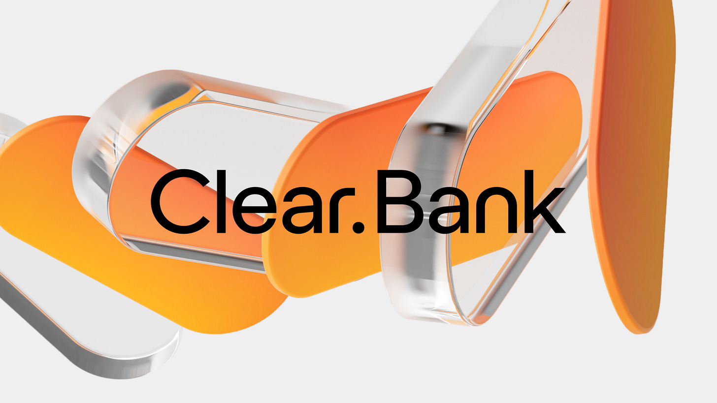 ClearBank: a logo sits over a 3D render of glass-like geometric shapes