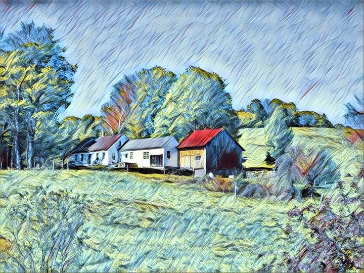 Digital watercolor of a white farmhouse