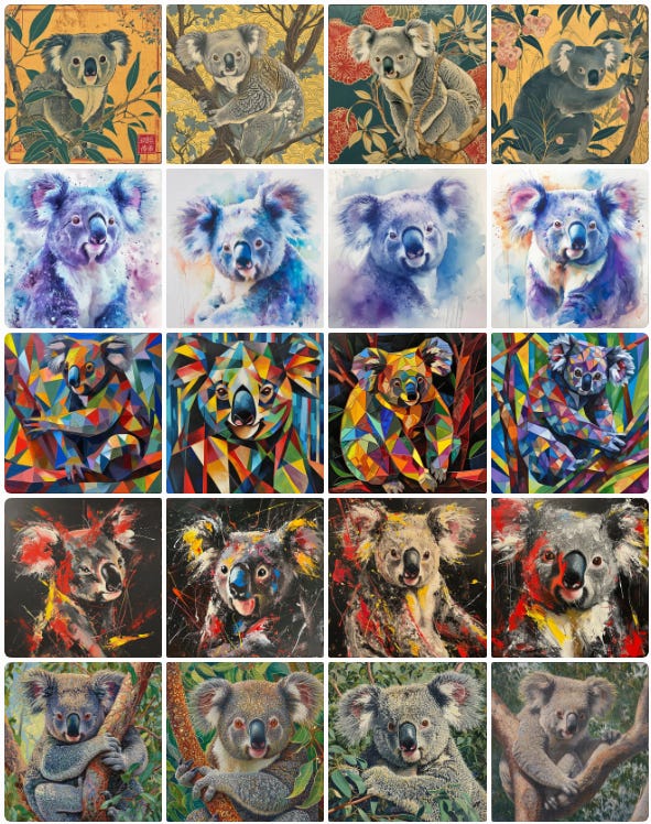 Koala portraits in different styles suggested by ChatGPT