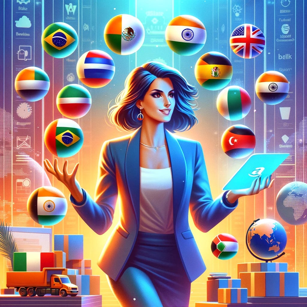 Illustrate a modern, female eCommerce merchant who sells on Amazon, depicted in a vibrant, dynamic setting. She is expertly juggling balls, each adorned with the flag of Brazil, Mexico, United Arab Emirates, Egypt, Spain, France, Belgium, India, Italy, Netherlands, Poland, Saudi Arabia, Sweden, Turkey, Japan, South Africa, and Germany. The merchant is dressed in contemporary business casual attire, showcasing her as a savvy online businesswoman. The background suggests a digital marketplace ambiance, with elements that symbolize global online trade, such as miniature world globes, shipping boxes, and digital screens displaying the Amazon interface.