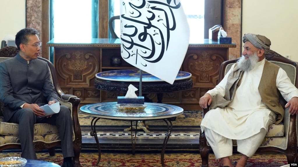 FILE — China’s new ambassador to Afghanistan, Zhao Xing, left, meets with Taliban Prime Minister Mohammad Hassan Akhund in Kabul, Sept. 13, 2023. (Courtesy Taliban Information Ministry)