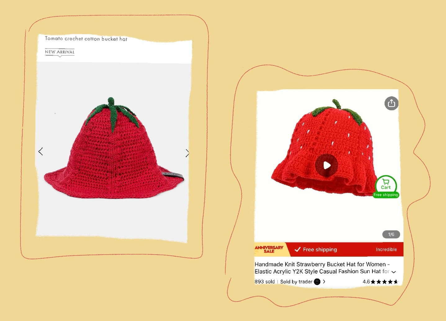 Screenshots of a crocheted tomato hat and crocheted strawberry hat