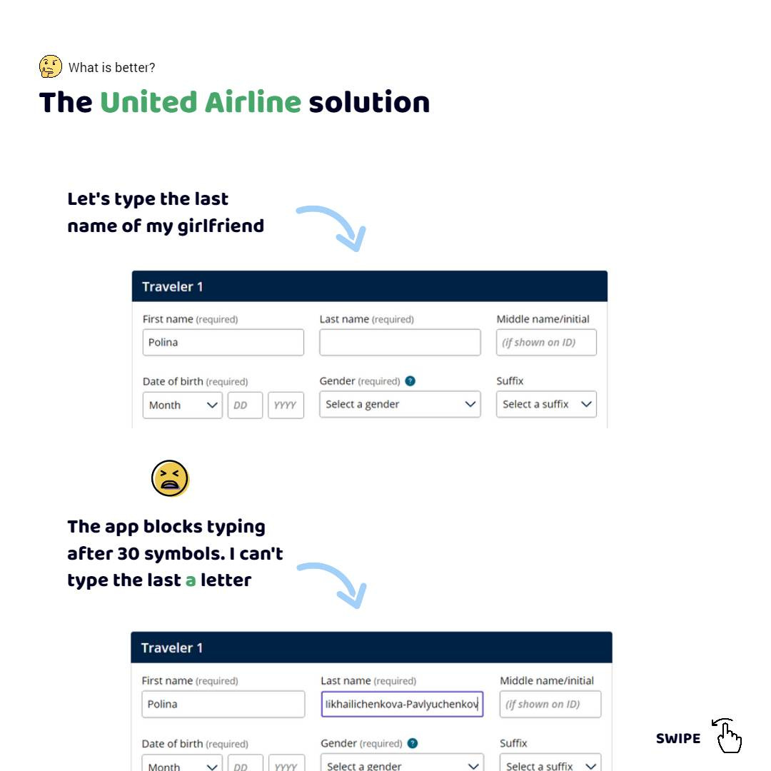 United Airlines cross the last name because the app approves typing a last name from no more than 30 symbols