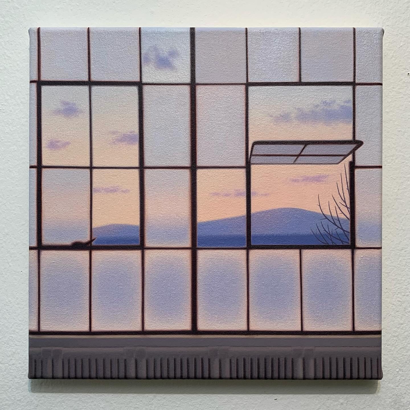 Painting by Andrew Gordon of a window looking out on mountains. Purples and whites dominate.