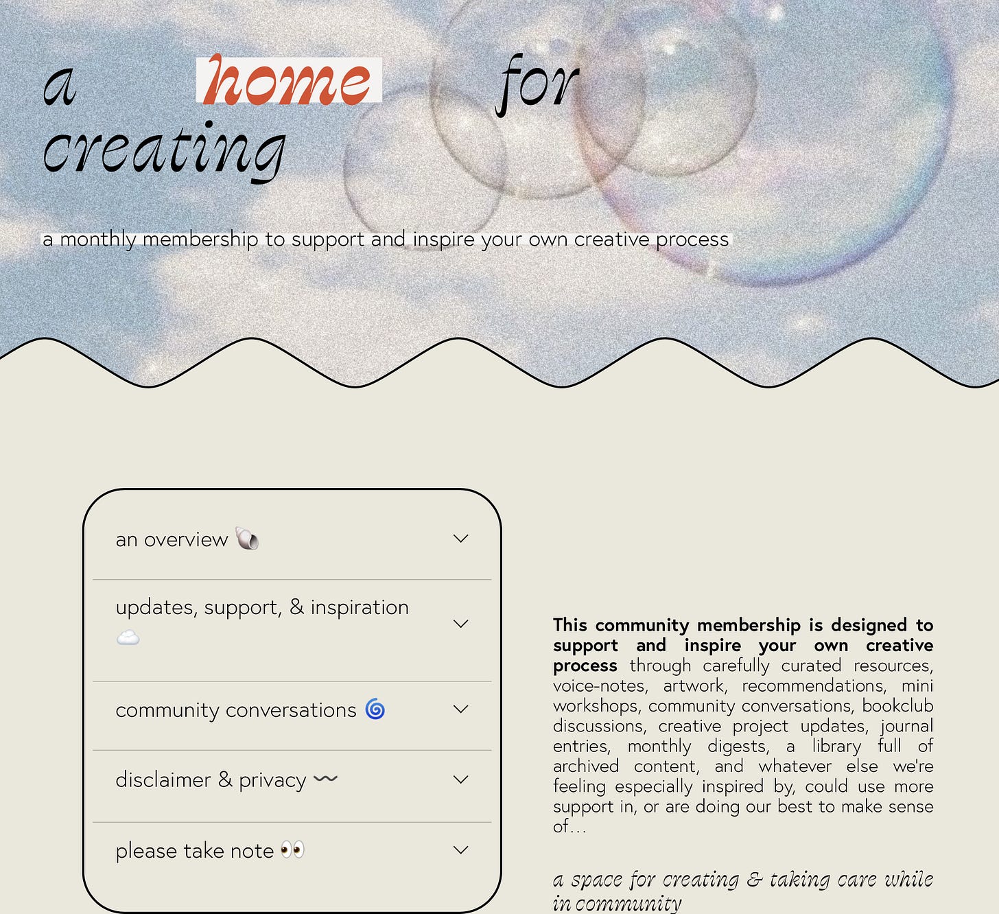 a screenshot of a home for creating, which has grainy bubbles along the top and text about what the website entails