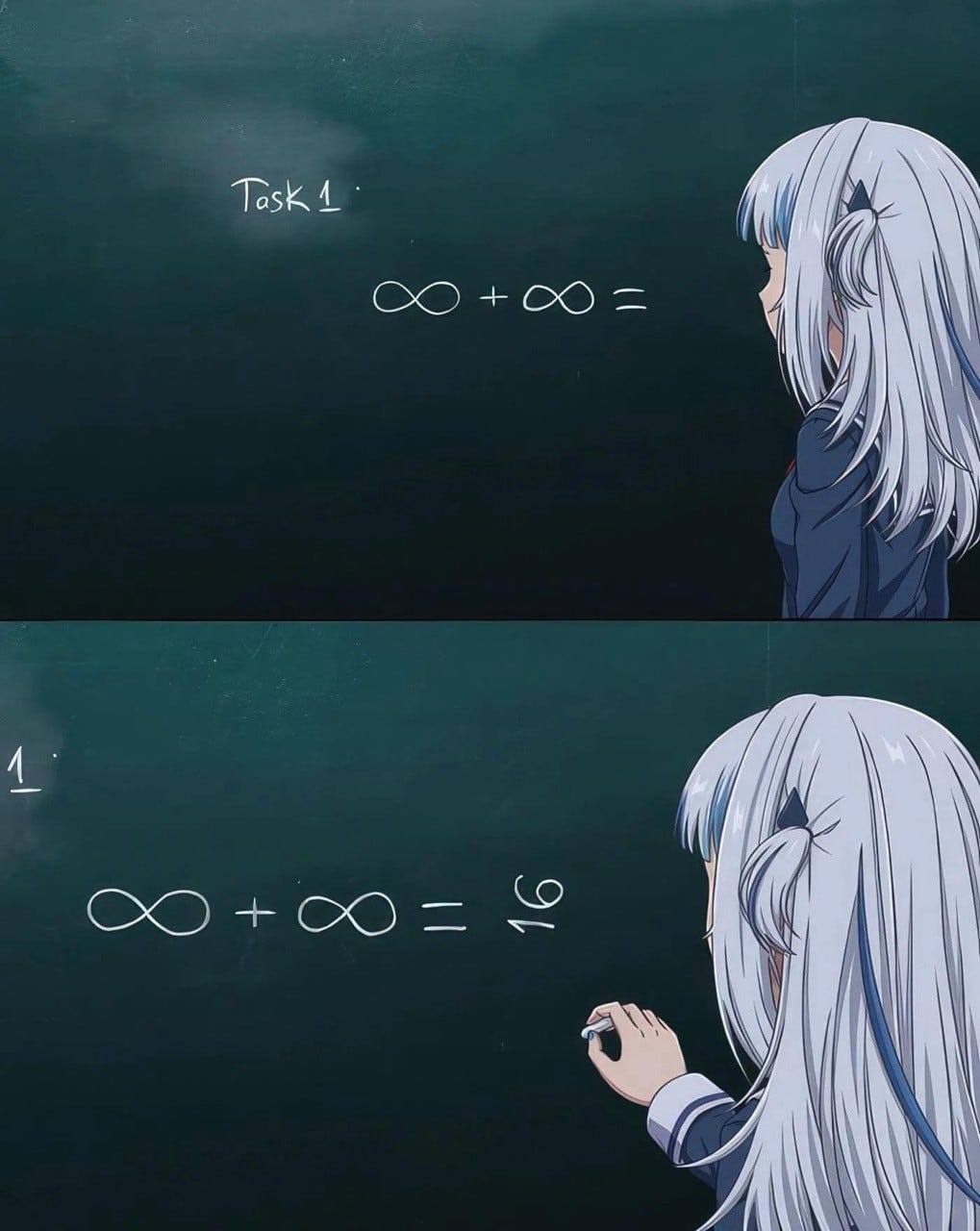 Top: An anime character looks at a challenge set on a blackboard. It reads:
Task 1

∞ + ∞ =

Bottom: They write the answer as 16, but with the number turned sideways so that the ∞ symbol are read as the numeral 8.