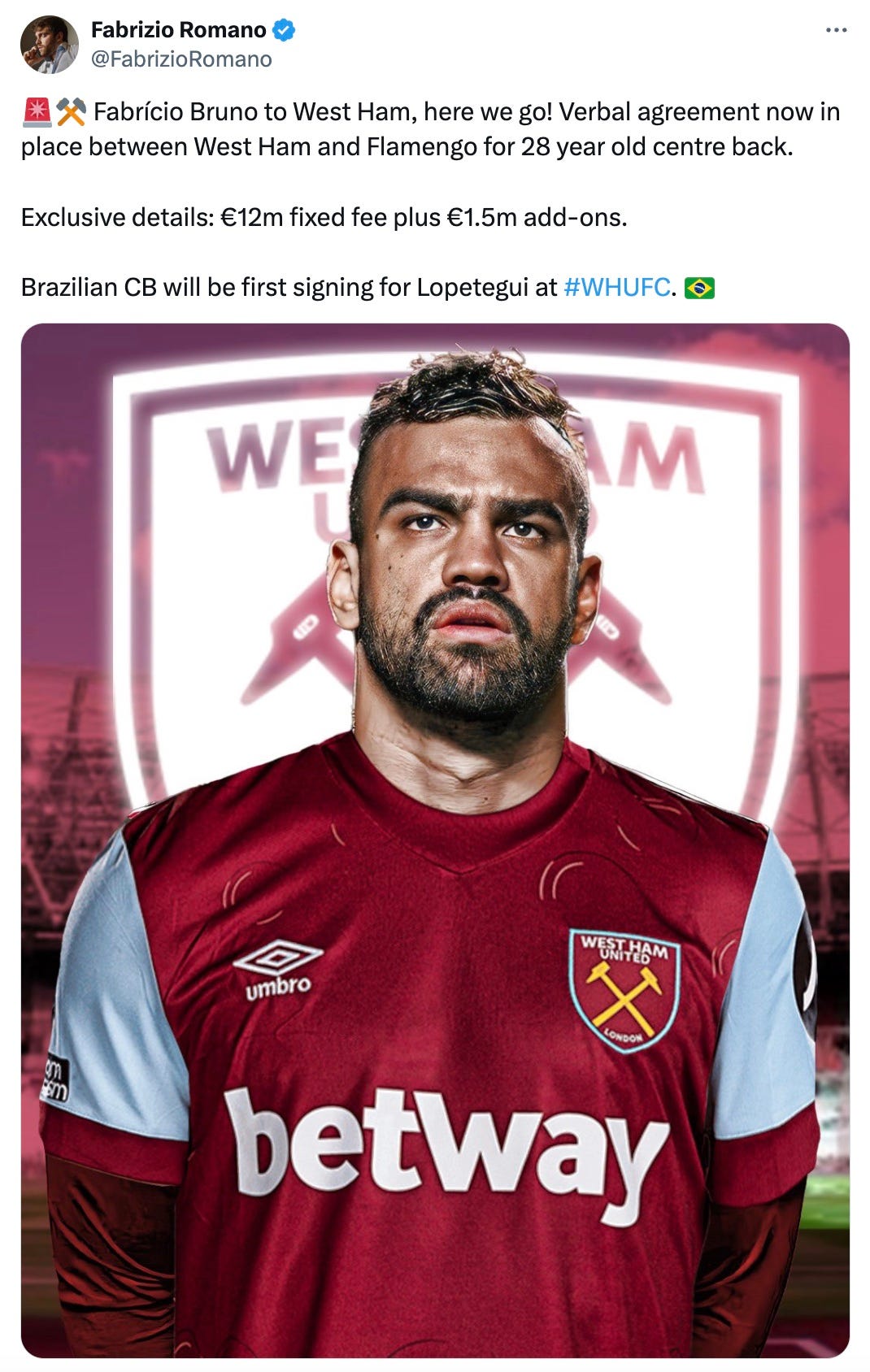 A tweet by Fabrizio Romano about West Ham agreeing a deal to sign Fabricio Bruno