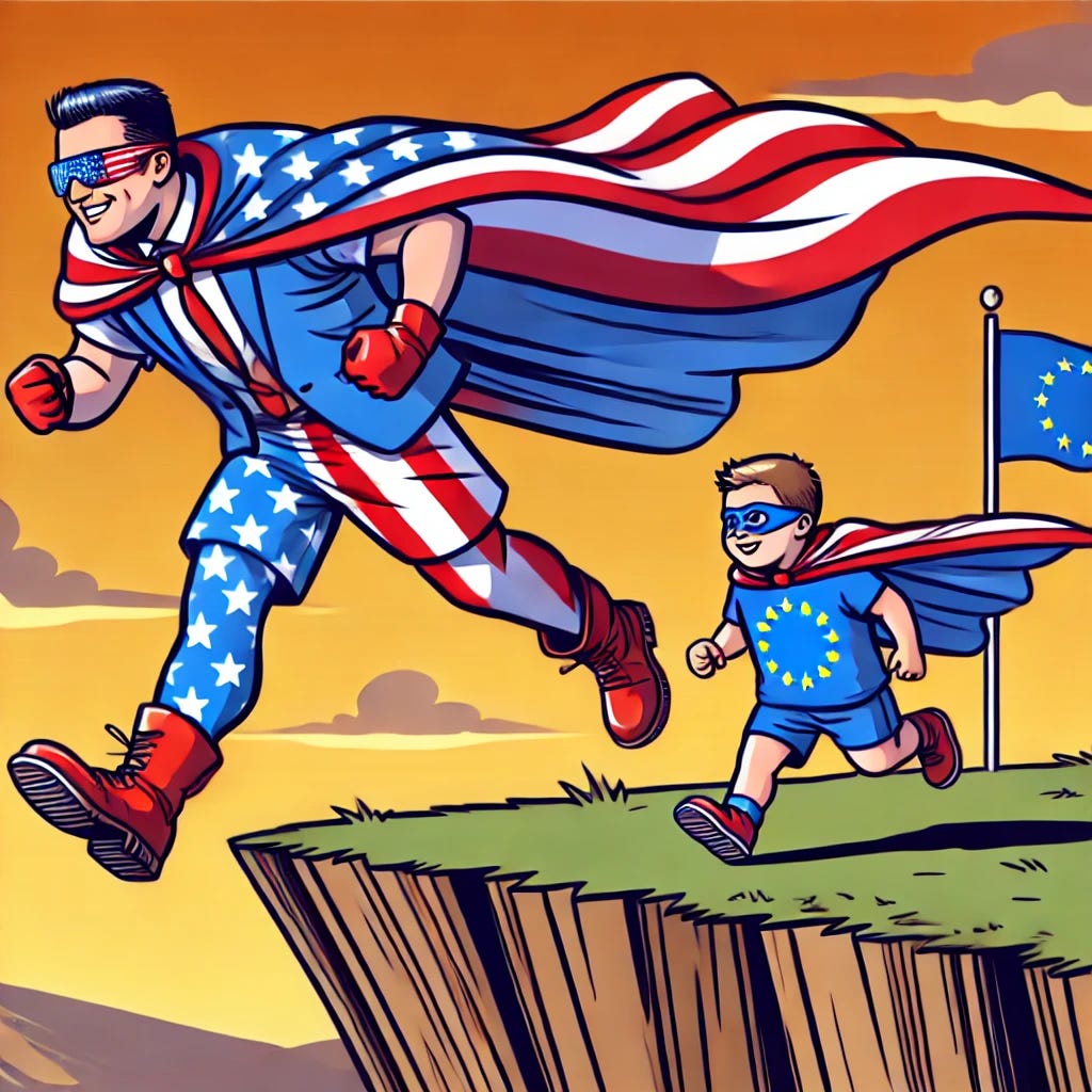 A cartoon-style illustration showing a big brother wearing only a cloak designed like the American flag, running off a cliff energetically. Behind him, his little brother, wearing only a cloak designed like the European Union flag, is running off the cliff after him. The scene is dynamic and dramatic, with a colorful and playful cartoon aesthetic. The background depicts a cliffside with clear skies, emphasizing the motion and connection between the two siblings.