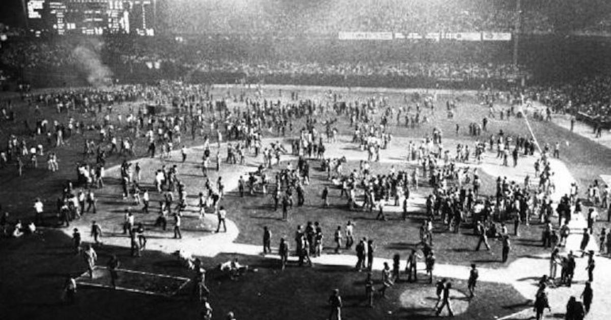 Photo of the chaos on the baseball diamond and field in Cleveland Stadium, on June 4, 1974.