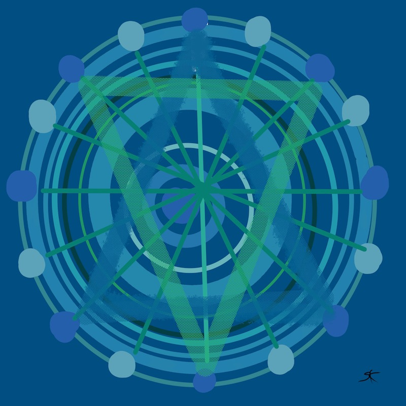 Digital design by Sherry Killam Arts depicting a concentric circles with 16 staves and knobs, two large green and blue intersecting triangles against a nautical blue background.