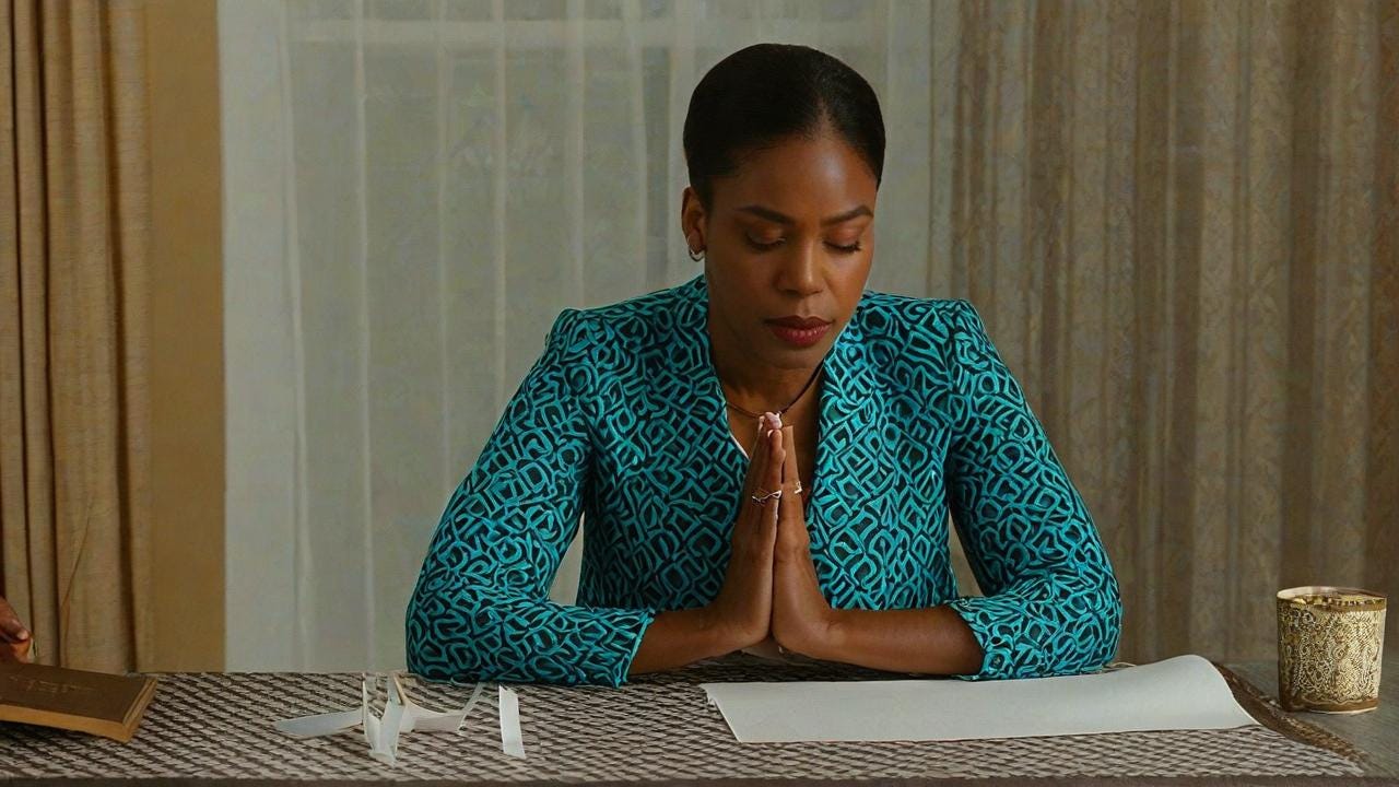 Black Woman sitting at a table praying with paper in front of her