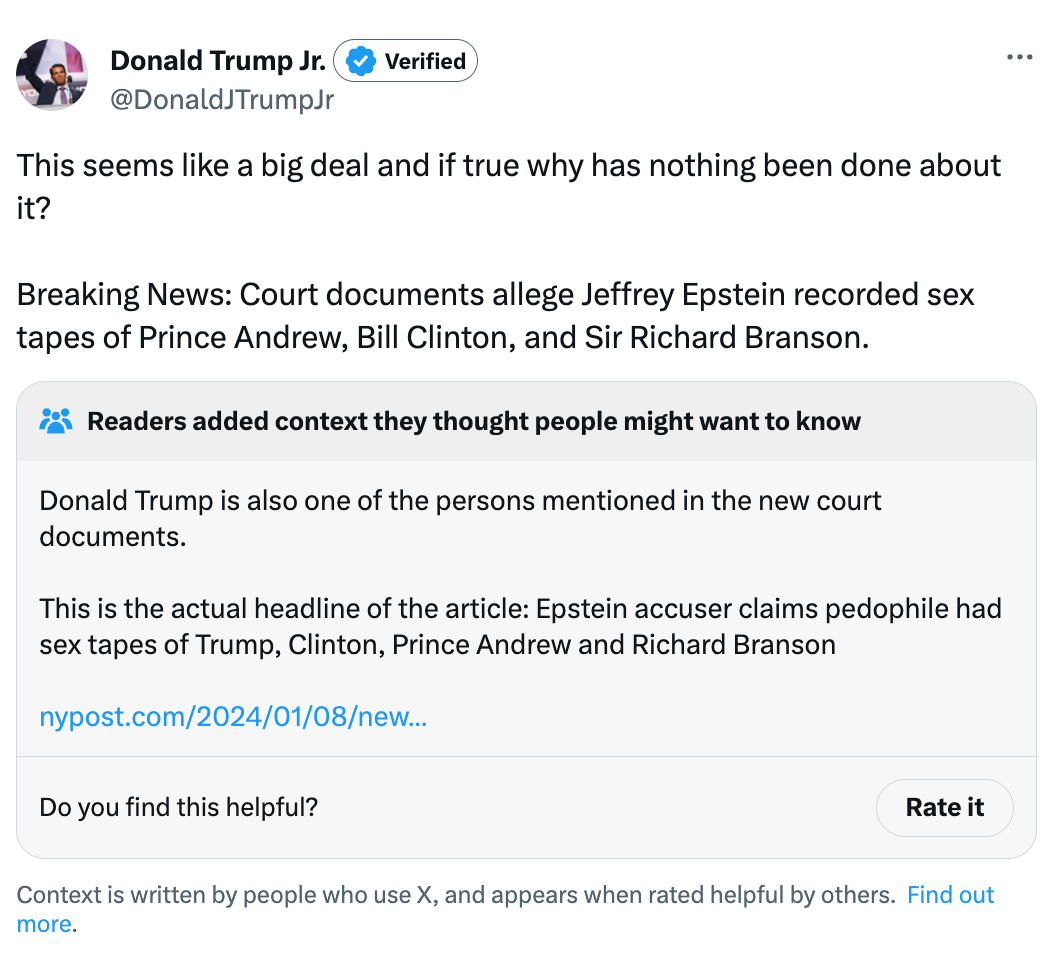 This seems like a big deal and if true why has nothing been done about it?  Breaking News: Court documents allege Jeffrey Epstein recorded sex tapes of Prince Andrew, Bill Clinton, and Sir Richard Branson.