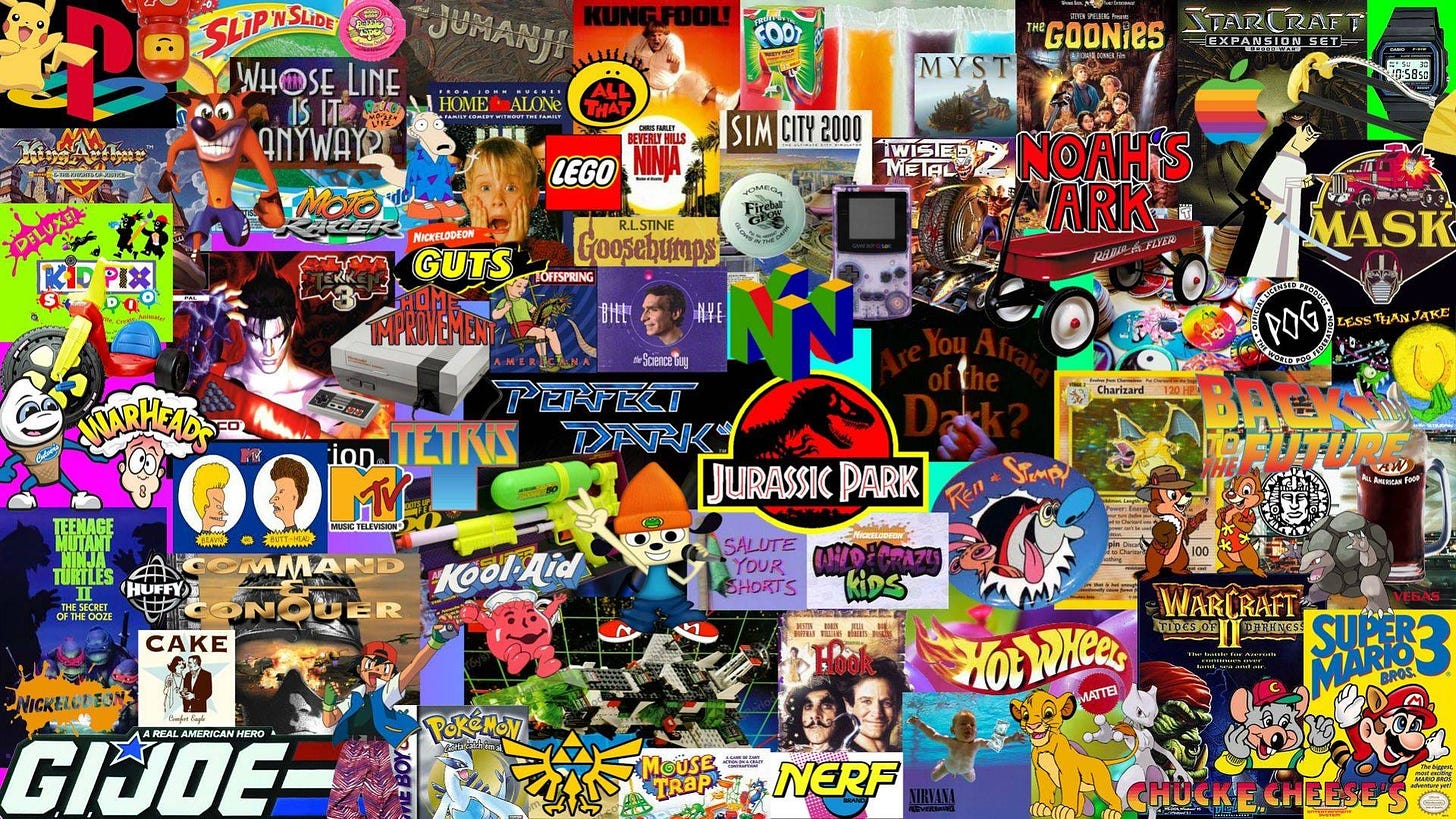 A technicoloured montage of 100+ logos from the 1990s: Jurassic Park, Nintendo 64, Home Alone, Beavis and Buthead, etc.