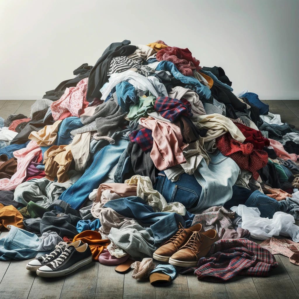 A messy pile of various types of clothes on the ground, with no closet or other background elements. The pile includes a chaotic mix of shirts, pants, skirts, dresses, jackets, and shoes, all in different colors and styles. The clothes are crumpled, tossed together haphazardly, and strewn across the floor in a state of complete disarray. The image captures the essence of a disorganized, cluttered heap of clothing, emphasizing the mix of different garments and the lack of any order.
