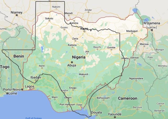 Map of Texas overlaying a map of Nigeria.