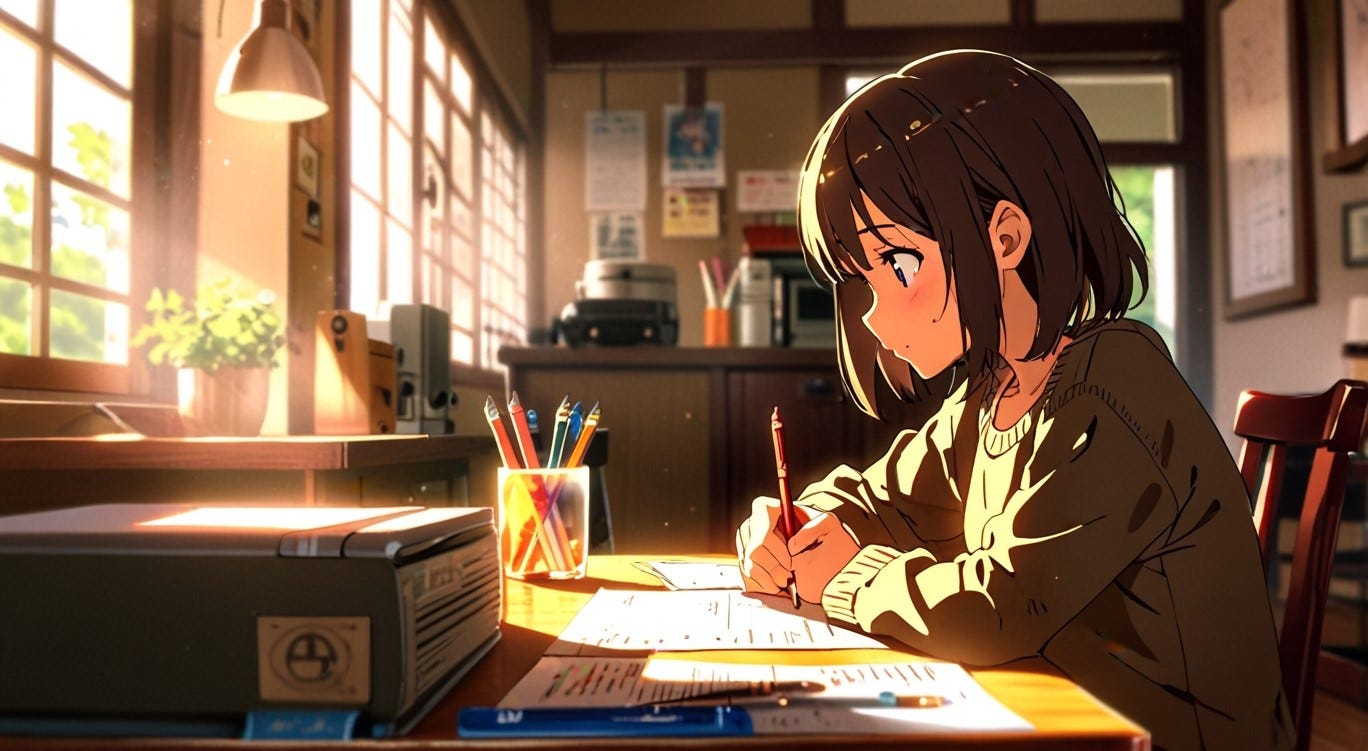 Imagen metáforinca, estilo manga, de Serena Sentti escribiendo Sentti escribiendo de niña