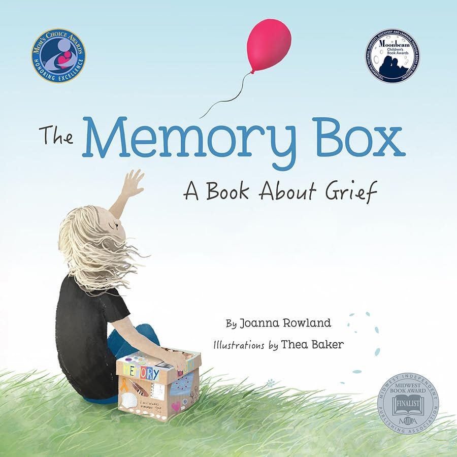 Cover of The Memory Box, depicting a girl sitting in grass next to a small cardboard box, reaching for a red balloon that is floating up into a blue sky.