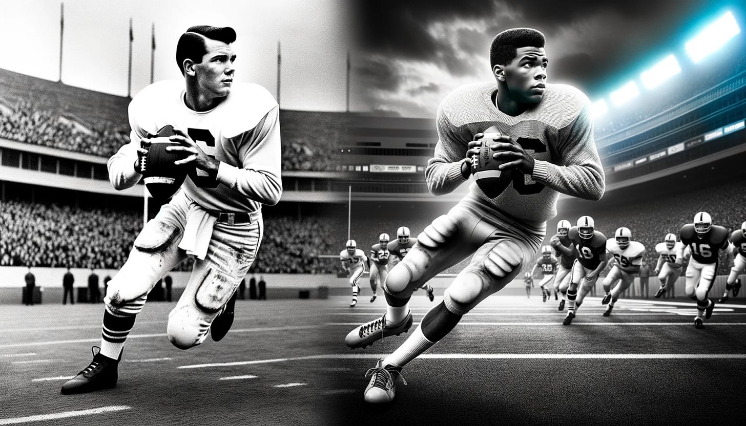 Photo: A captivating split screen image. On the left side, a black and white photograph captures a classic pocket quarterback, focused and ready to throw. On the right side, in vivid color, a young, diverse quarterback is caught mid-sprint, scanning the field for passing options or running lanes, highlighting the agility and versatility of today's players.