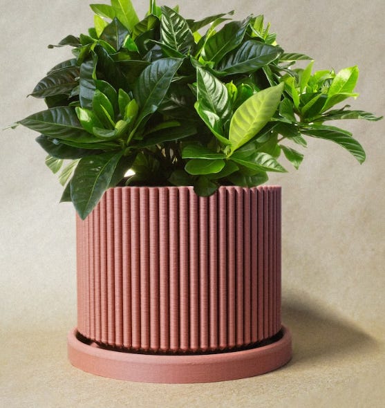 Mid-Century Ribbed Planter with Drainage and Saucer 