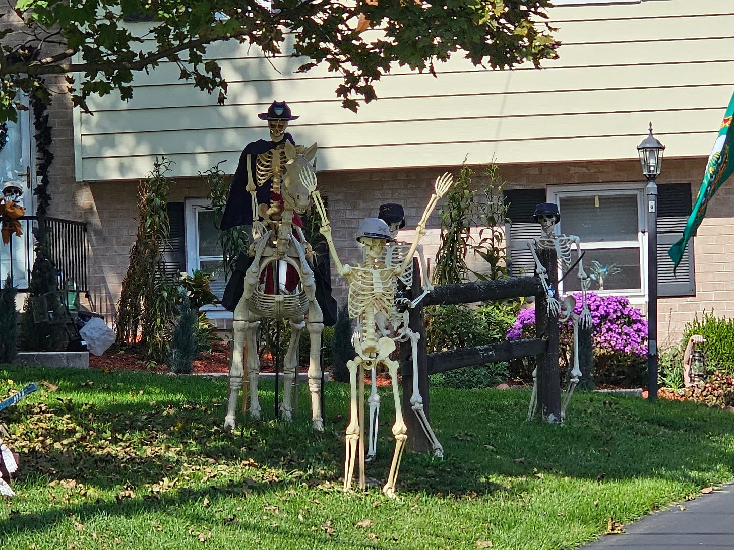 A skeleton with his hands up in front of one of a horse and two others with guns.