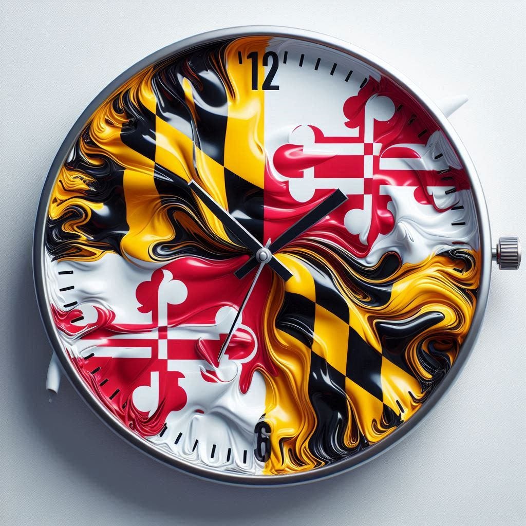 Maryland flag warped, distorted, melting into a clock